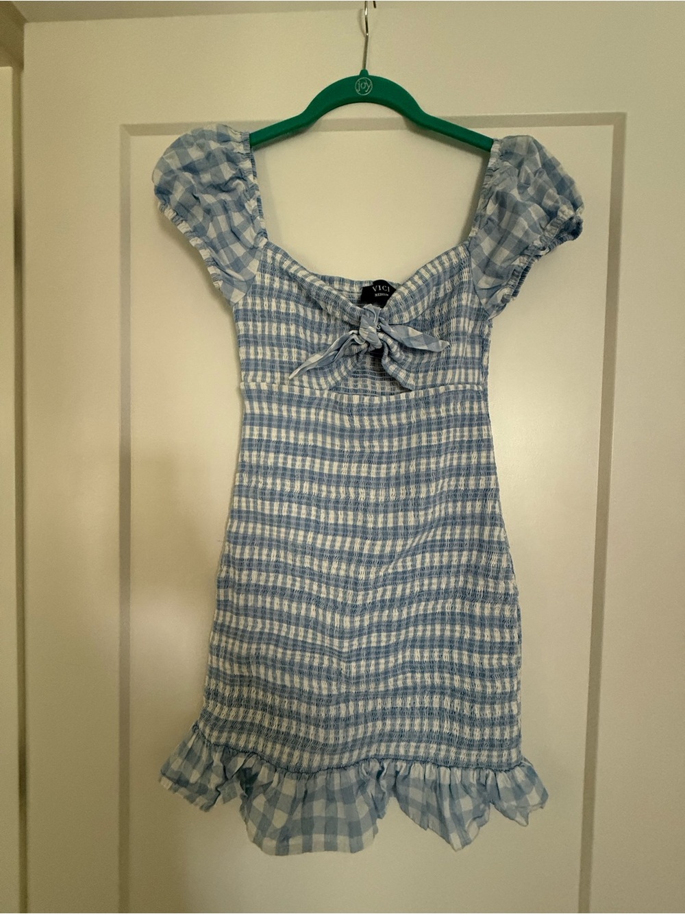Vici Light Blue and White Gingham Tie-Front Mini Dress